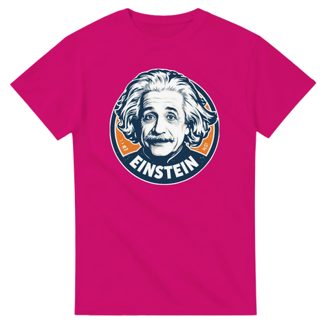 Albert Einstein porträtt i retrostil på cerise t-shirt.