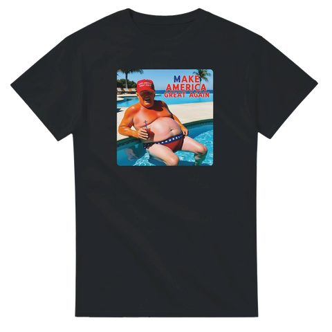 Humoristiskt motiv av solande president i badbyxor – svart t-shirt
