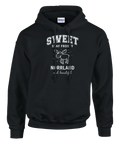 Svart hoodie med vit grafik av en älg och texten Sweet Norrland