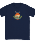 Klassisk vintagedesign av Göteborgs fiskekyrka tryckt på marinblå t-shirt