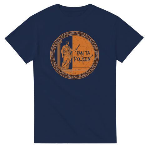 Klassiskt motiv från antiken med kaxigt budskap på marinblå t-shirt