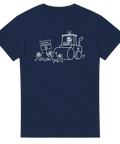 Grafiskt motiv med ordvits om asfalten och aktivism på marinblå t-shirt