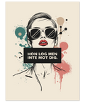 Närbild på grafisk poster med motiv av en kvinna i pop art-stil och snygga färgstänk på ljus bakgrund.