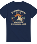 Vintage illustration av solnedgång och fjäll på en marinblå t-shirt