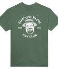 Edward Blom Fan Club-tryck med karikatyr av Blom i stråhatt, på mörkgrön T-shirt.