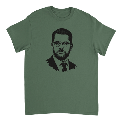 Militärgrön t-shirt med politikern Jimmie Åkesson från högerpartiet Sverigedemokraterna