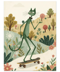 Grön katt med fluga på skateboard i en blomstrande park, retrostil.