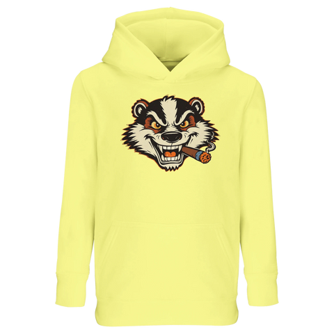 Billy Badger seriefigur med cigarr på gul barnhoodie
