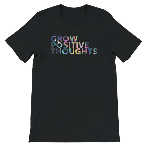 Grafisk t-shirt med texten Grow Positive Thoughts i skimrande oljefärgs-effekt
