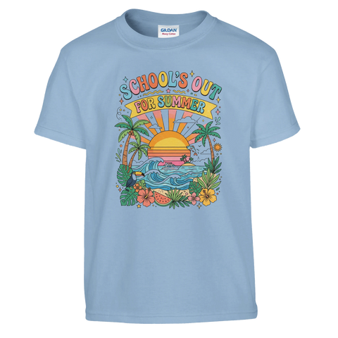 Färgglad grafisk illustration med texten School's Out på ljusblå t-shirt