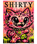 Närbild på en färgglad poster med motiven hjärtan, stjärnor och droppande grafittifärg i neon och svart.