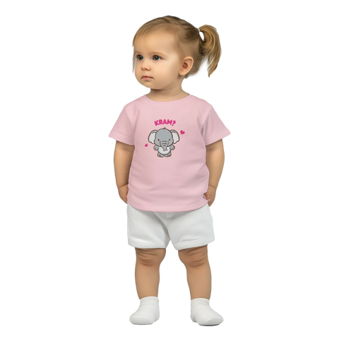Tecknad elefant med rosa kinder och texten "KRAM?" på rosa baby-t-shirt.