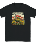 Satirisk illustration av leksakssoldater vid en mur på svart t-shirt
