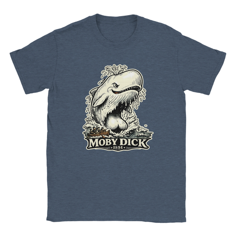 Klassisk litterär illustration med handritad känsla på mörkblå melerad t-shirt