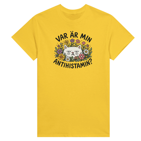 Humoristisk illustration för allergiker med blommor och katt – t-shirt med citat