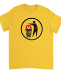 Grafisk illustration av skräpsymbol med politiskt motiv – gul t-shirt med attityd