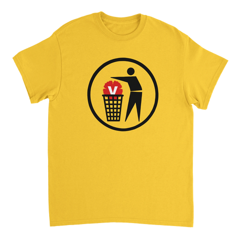 Grafisk illustration av skräpsymbol med politiskt motiv – gul t-shirt med attityd