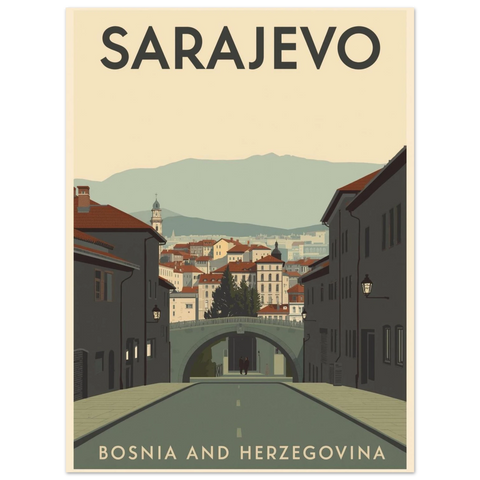 Närbild på Sarajevo travel poster som visar perspektiv från en gata mot en bro och stadens siluett.