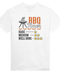 BBQ Timer-tryck med grill, korvar och ölglas för Rare, Medium, Well Done på vit t-shirt