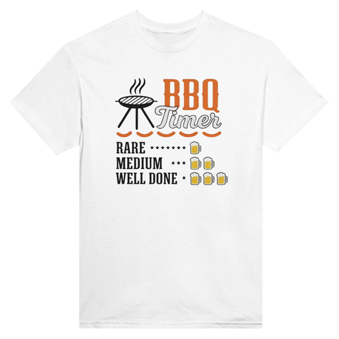 BBQ Timer-tryck med grill, korvar och ölglas för Rare, Medium, Well Done på vit t-shirt