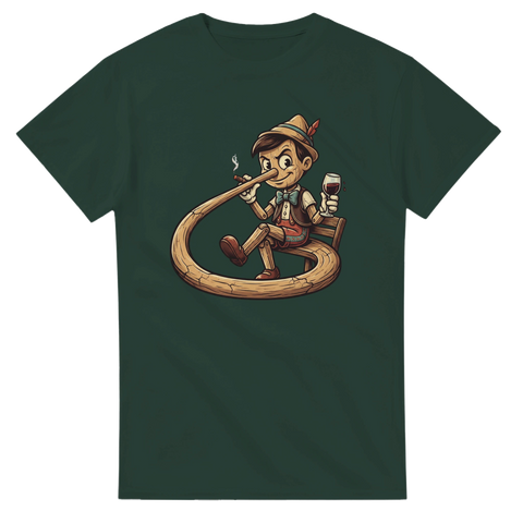 Mörk humor t-shirt med motiv av Pinocchio som röker cigarr