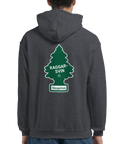 Grå hoodie med humoristiskt ryggtryck för bilentusiaster och raggarkultur