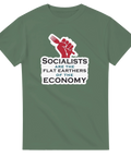 Grafiskt citat-tryck om socialism och ekonomi på en olivgrön t-shirt