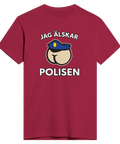 Vinröd t-shirt med satirisk design föreställande en polismössa på en rumpa