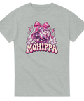 Ljusgrå t-shirt med texten ”Möhippa”, discokula, rosa rosett och brudslöja.