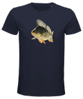 Mörkblå ekologisk t-shirt med grafiskt motiv av en abborre