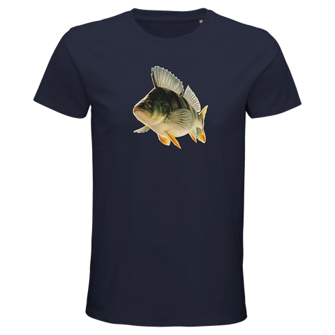 Mörkblå ekologisk t-shirt med grafiskt motiv av en abborre