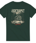 Detaljerat linework-motiv av ödslig stuga i skogen – dark art t-shirt