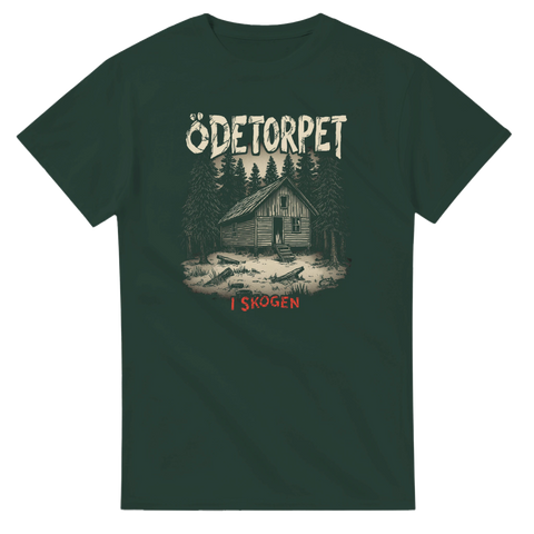 Detaljerat linework-motiv av ödslig stuga i skogen – dark art t-shirt