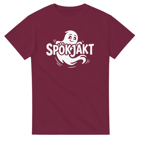 Illustration av ett glatt spöke och texten Spökjakt – t-shirt med humor