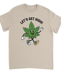 Tecknad cannabis-karaktär med sneakers och texten Let's Get High på beige t-shirt