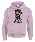 Tecknad arg karaktär med keps och texten "DRA ÅT HELVETE" på ljuslila hoodie.