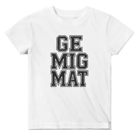 GE MIG MAT" tryck i college-stil på vit baby t-shirt.