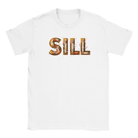 SILL" text med inlagd sill och rödlök på vit t-shirt.