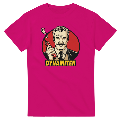Grafiskt historiskt motiv med texten Dynamiten i gul färg – cerise t-shirt