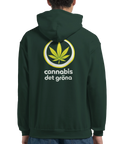 Mörkgrön hoodie med satirisk logotyp föreställande ett cannabisblad och texten cannabis det gröna