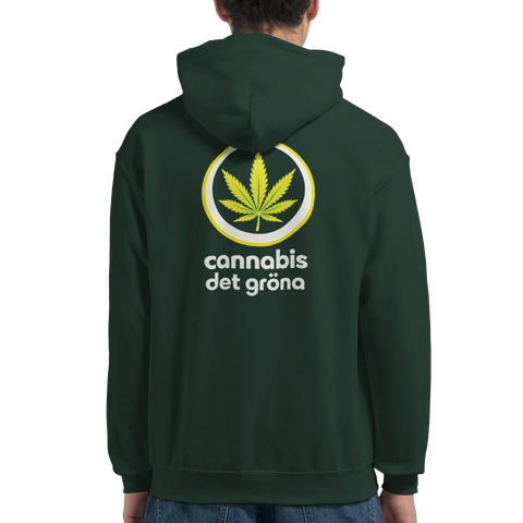 Mörkgrön hoodie med satirisk logotyp föreställande ett cannabisblad och texten cannabis det gröna