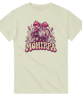 Ljusgul t-shirt med texten ”Möhippa”, discokula, rosa rosett och brudslöja.