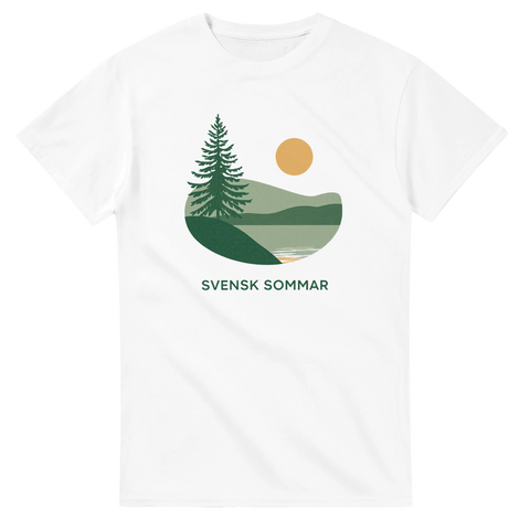 Stilren illustration av svensk natur och kvällssol på vit t-shirt