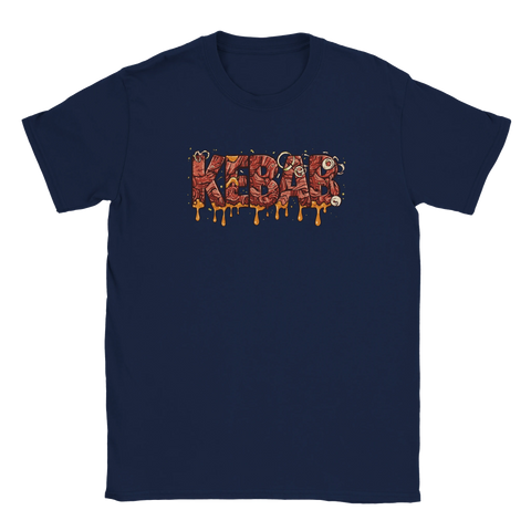 Mörkblå t-shirt med ett detaljrikt och hungerskapande motiv av ordet kebab