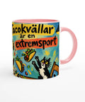 Mugg med texten Tacokvällar är en extremsport, tacos och en katt.