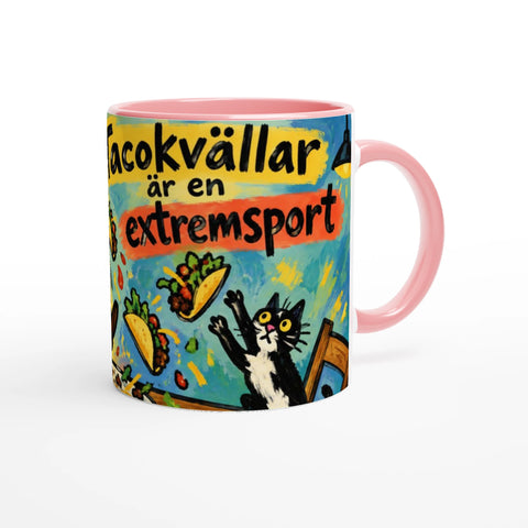 Mugg med texten Tacokvällar är en extremsport, tacos och en katt.