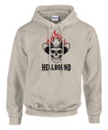 Grafiskt tryck med brinnande cowboy-dödskalle och texten Hellbound på sandfärgad hoodie