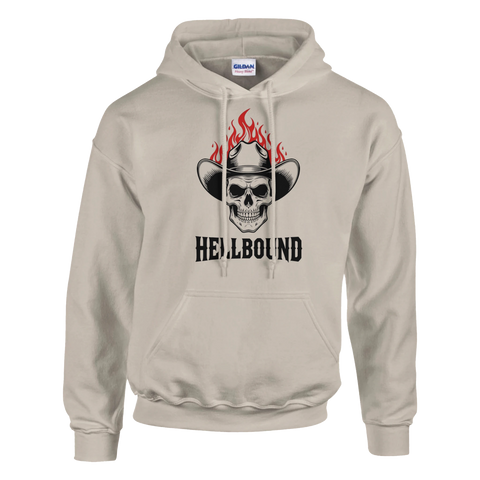 Grafiskt tryck med brinnande cowboy-dödskalle och texten Hellbound på sandfärgad hoodie
