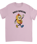Klassisk svensk Halv Special i retro seriestil på rosa t-shirt
