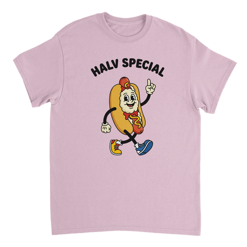 Klassisk svensk Halv Special i retro seriestil på rosa t-shirt